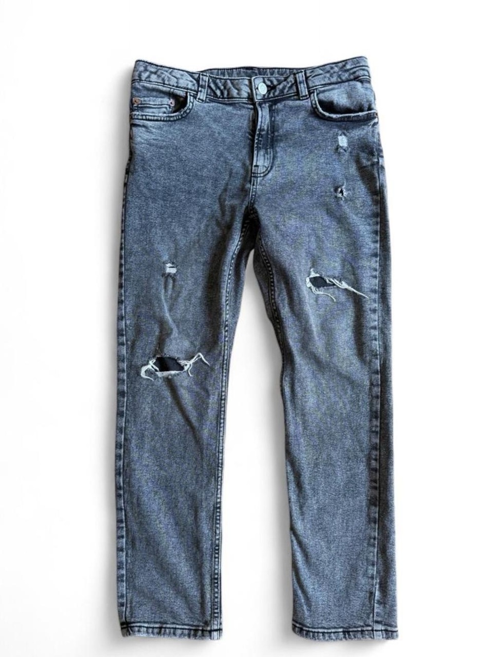 Zara Women's Straight Leg Distressed Jeans in Dark Grey/Black